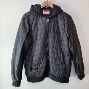 Levi's Men's Faux Leather Sleeves Full Zip Hooded Jacket Black Size Large